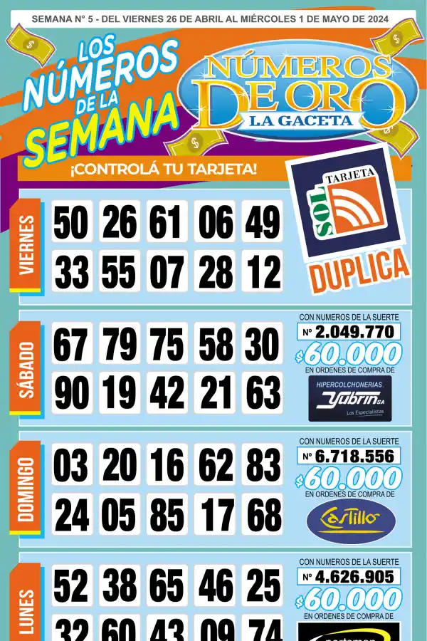 Esta es la grilla completa de los Números de Oro de LA GACETA del 1 de mayo de 2024