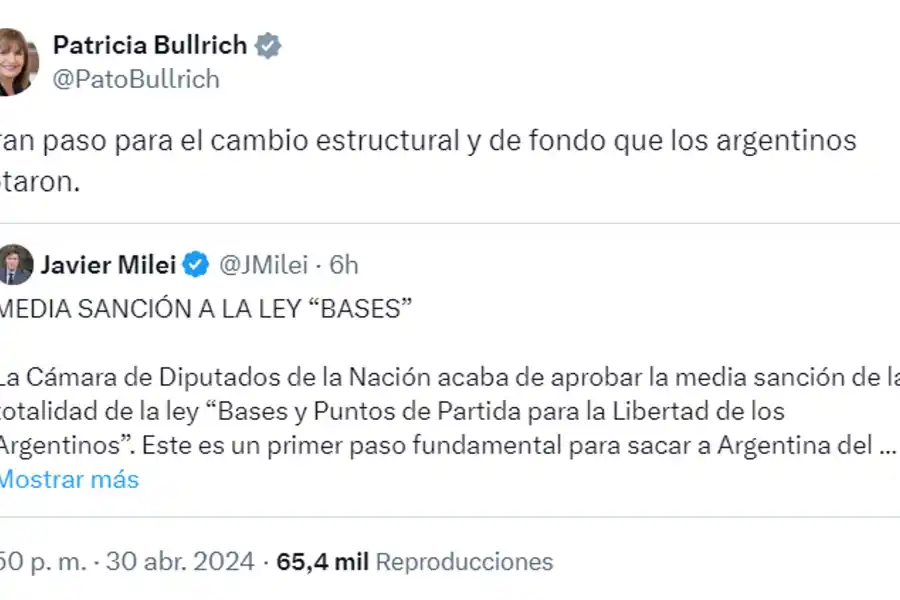 Bullrich, tras la media sanción a la Ley Bases: Gran paso para el cambio estructural