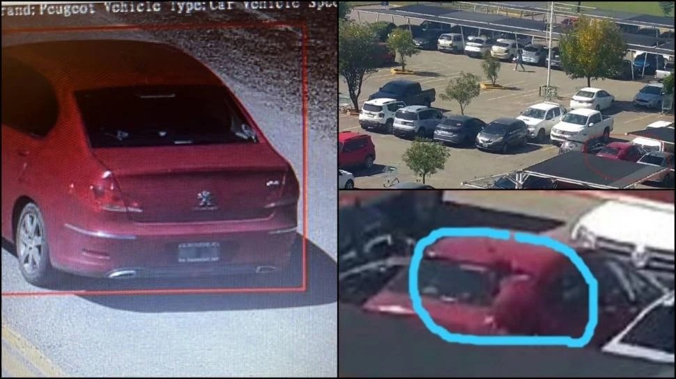 LOS VIDEOS. En rojo y en celeste se marca la posición en la que estaba el Peugeot sospechoso. Capturas de video