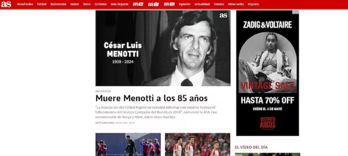 PORTADA. Menotti fue el tema principal durante varios horas en el diario AS de España