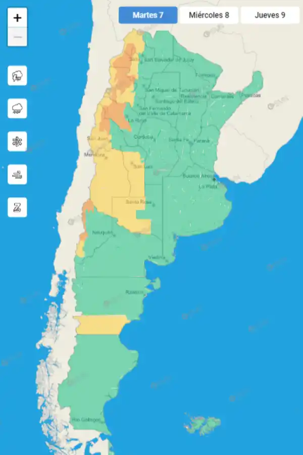 Mapa de alertas del Servicio Meteorológico Nacional