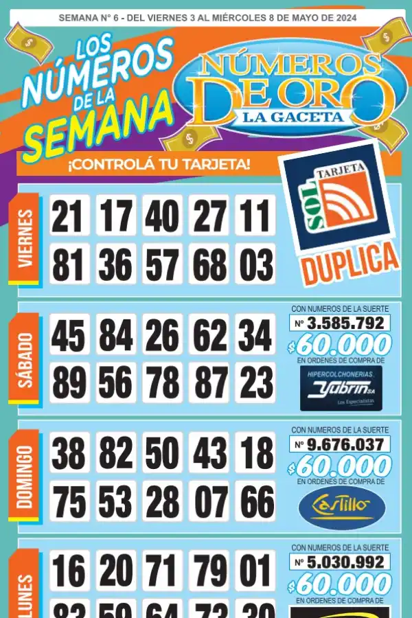 Esta es la grilla completa de los Números de Oro de LA GACETA del 8 de mayo de 2024