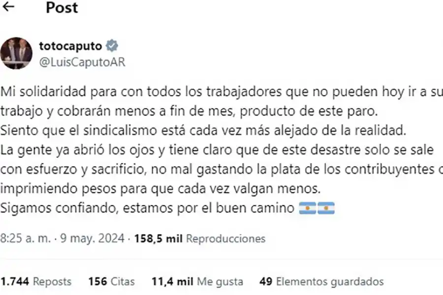 En medio del paro, el mensaje de Caputo a los trabajadores: “Cobrarán menos a fin de mes”