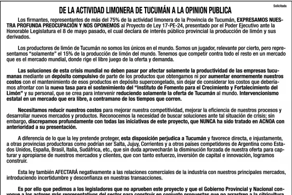 Solicitada: de la actividad limonera de Tucumán a la opinión pública