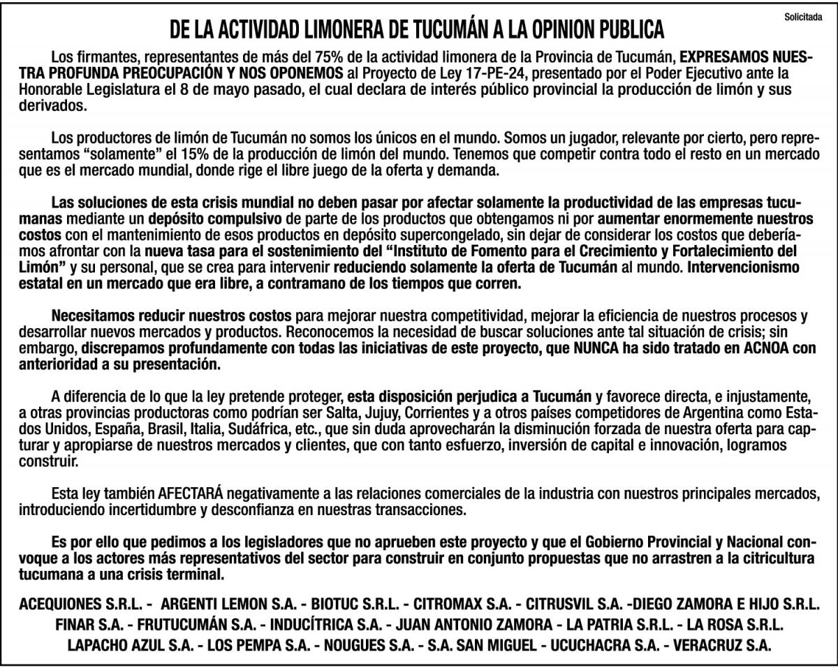 Solicitada: de la actividad limonera de Tucumán a la opinión pública