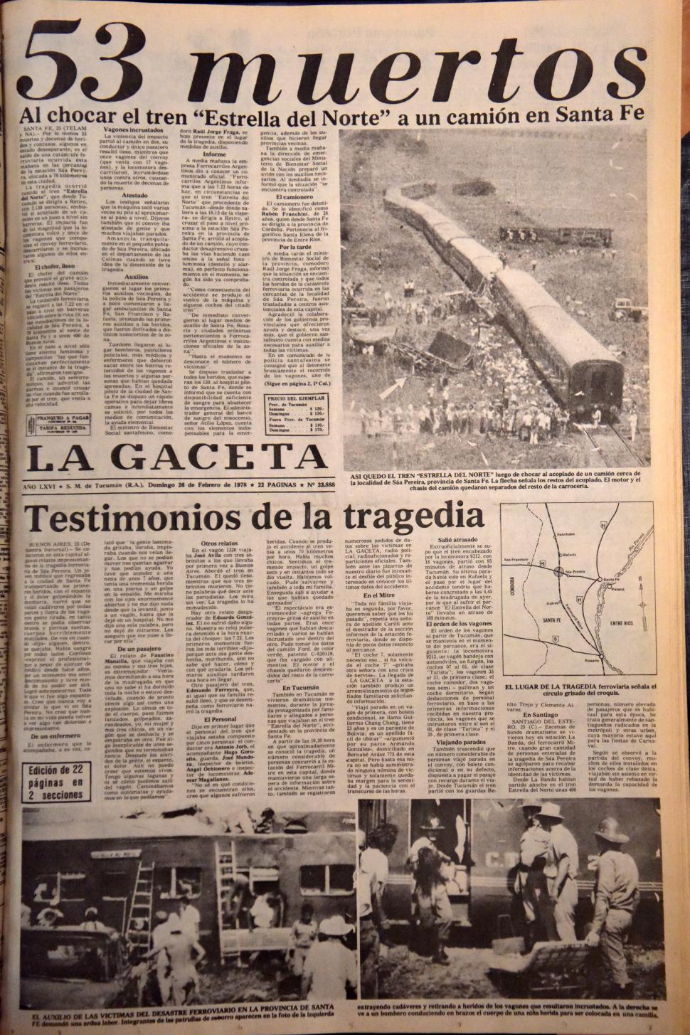 EN SANTA FE. El Estrella del Norte chocó en 1978 a un camión que pasaba por un cruce en las cercanías de Sa Pereira y se produjeron 53 decesos.