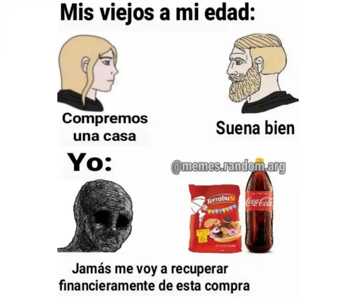 Un meme donde se muestra que los padres a los 20 años tenían la posibilidad de comprar una casa fácilmente, mientras que los jóvenes de hoy de 20 años sufren con cualquier tipo de compra. / CAPTURA DE PANTALLA