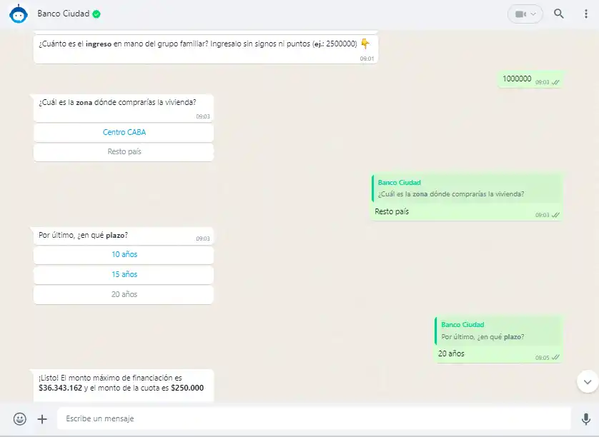 Simulación del Bot Bit de Banco Ciudad. / CAPTURA DE PANTALLA
