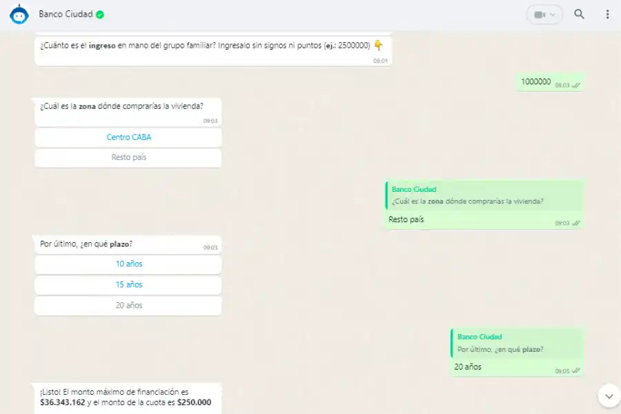 Simulación del Bot Bit de Banco Ciudad. / CAPTURA DE PANTALLA