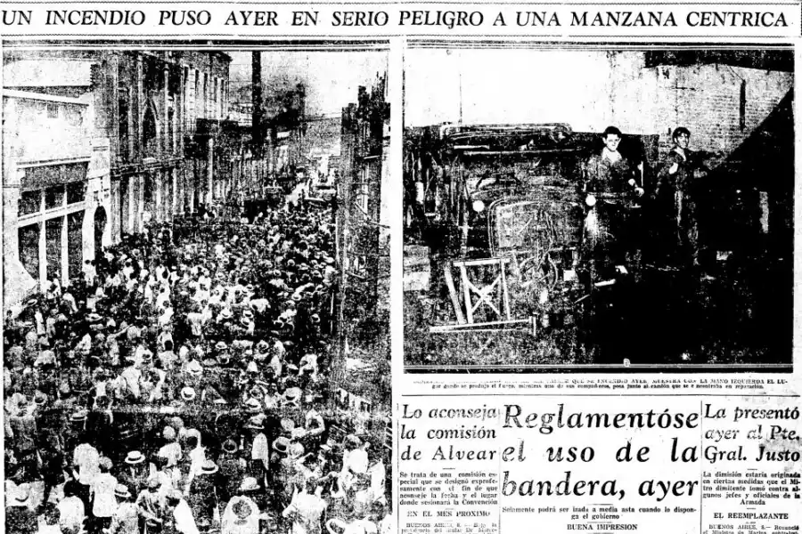 INCENDIO Y CURIOSOS. El público se acerca a la zona donde las llamas quemaron una concesionaria en San Martín al 800, en 1933.