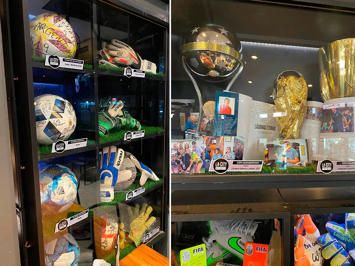 GRAN VARIEDAD. En el bar santafesino de Nepote, se puede observar desde botines hasta réplicas de trofeos. Foto de Gonzalo Cabrera Terrazas.