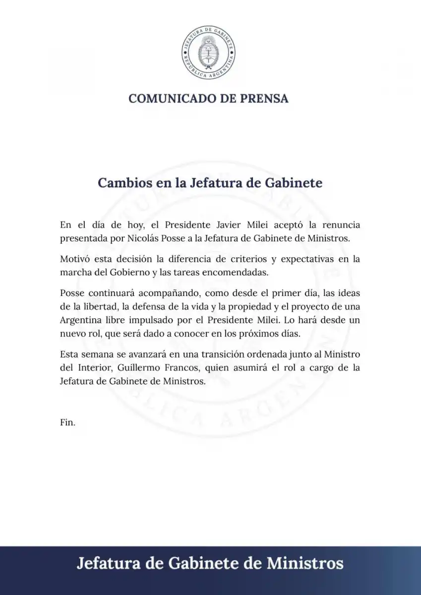 Renunció Nicolás Posse a la Jefatura de Gabinete y lo reemplazará Guillermo Francos