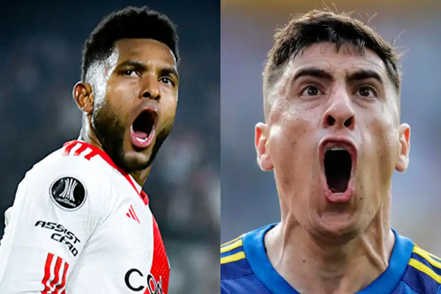 GRITOS DE GOL. Los delanteros Miguel Borja y Miguel Merentiel celebran con todo, sus goles con la camiseta de River y Boca, respectivamente. 