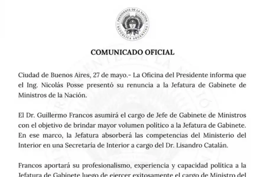 El tucumano Lisandro Catalán ocupará el lugar de Guillermo Francos