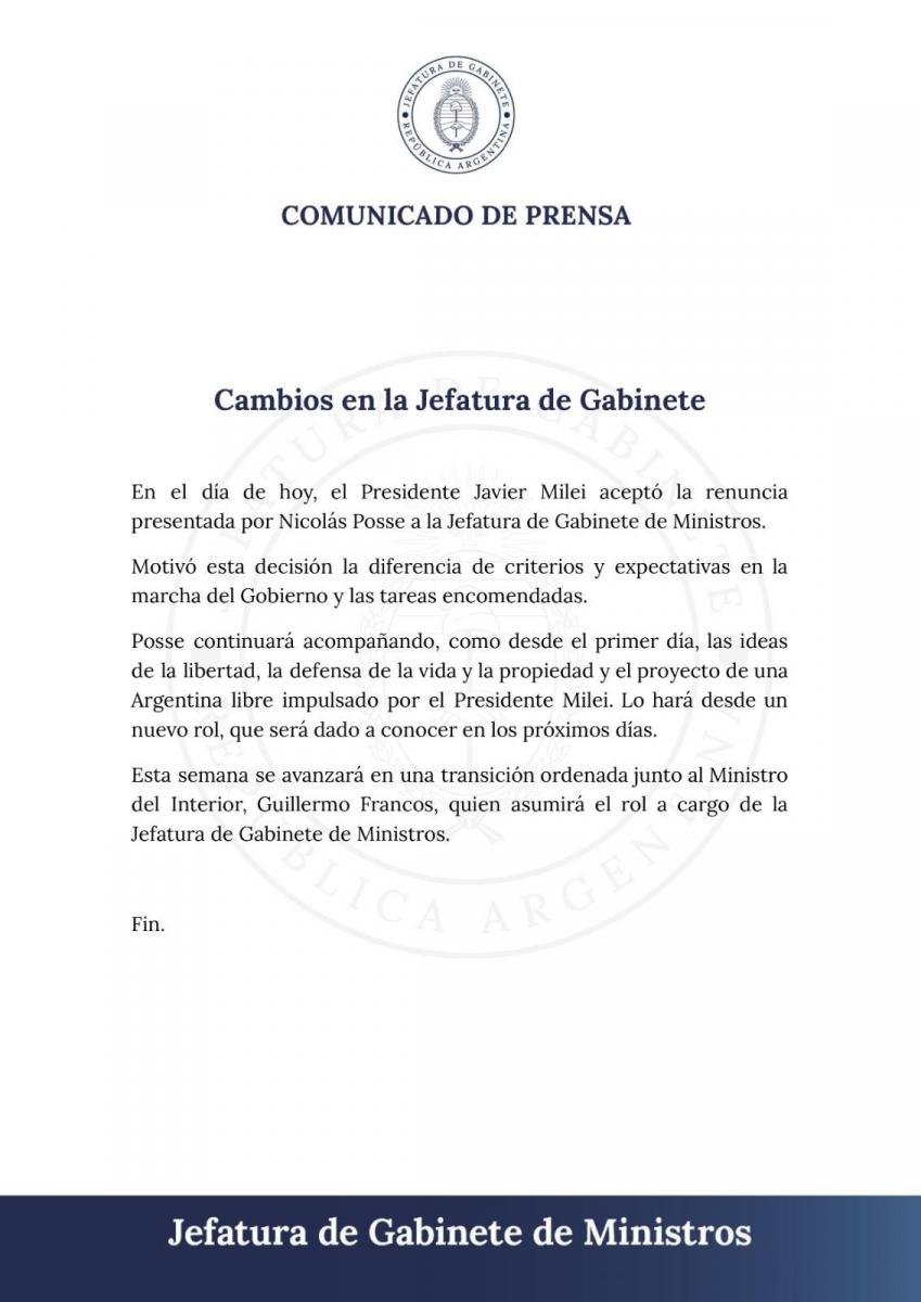 Renunció Nicolás Posse a la Jefatura de Gabinete y lo reemplazará Guillermo Francos