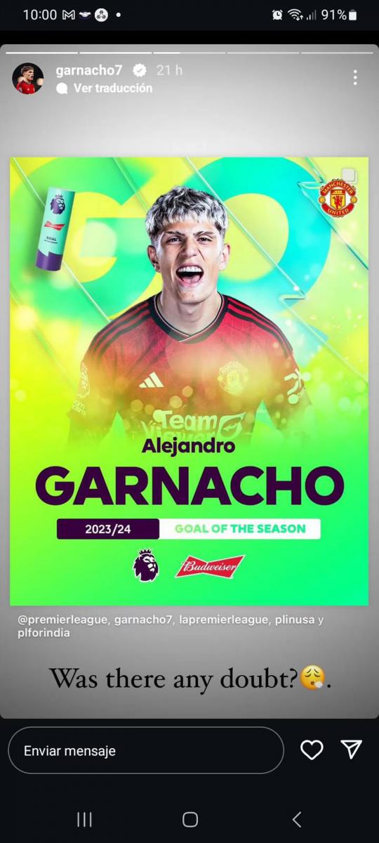 Arrogante y altanero: el particular comentario de Garnacho después de que eligieron su gol como el mejor de la Premier League