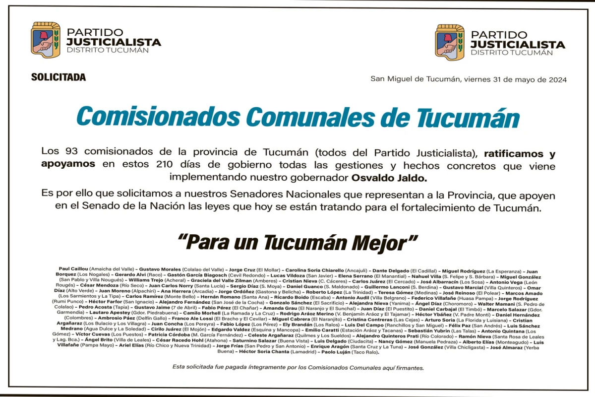 Solicitada: Comisionados Comunales de Tucumán expresan su apoyo al gobernador Jaldo