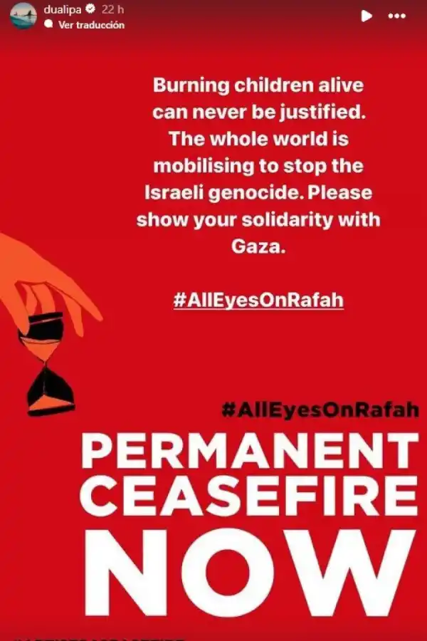 MOVIMIENTO POR PALESTINA. La historia de Instagram de Dua con la que se posicionó sobre la guerra en Oriente Medio. CAPTURA DE PANTALLA