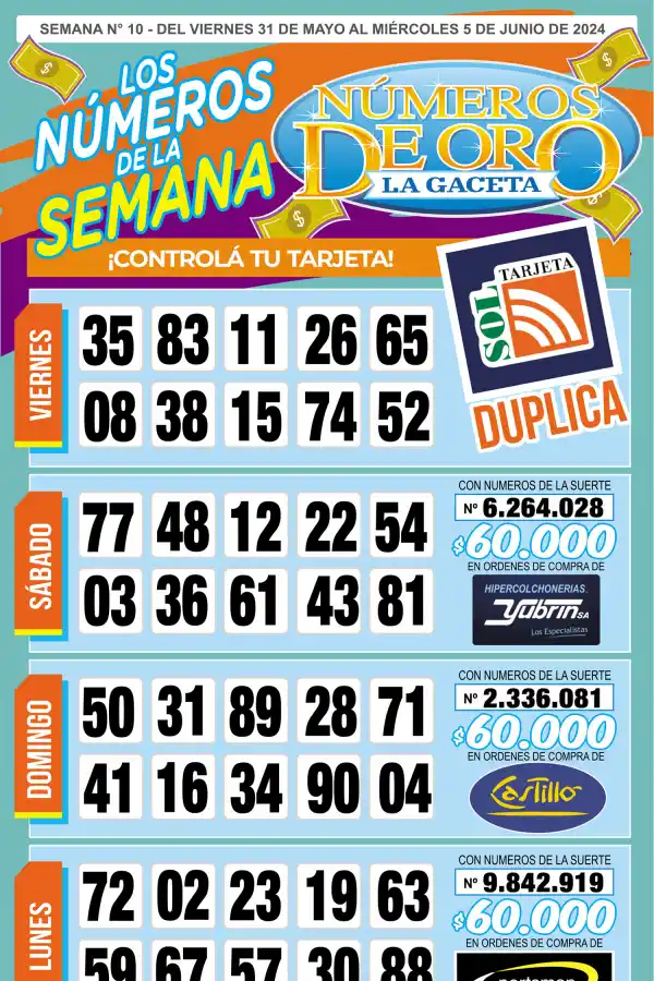 Esta es la grilla completa de los Números de Oro de LA GACETA del 5 de junio de 2024