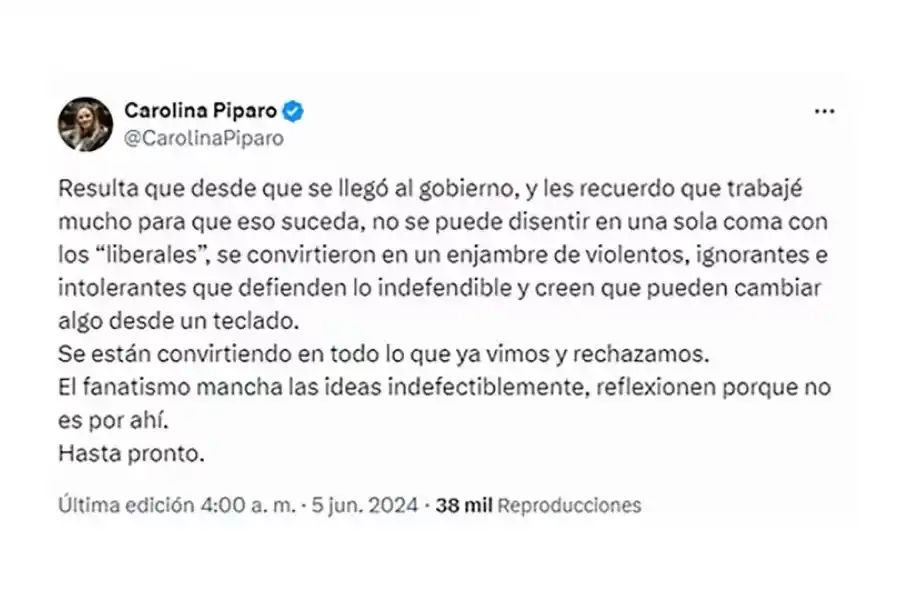 Piparo alejada de la Libertad Avanza: Enjambre de violentos, ignorantes e intolerantes