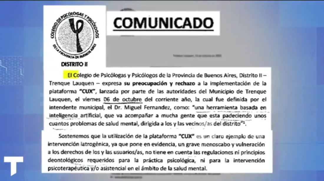 El comunicado del Colegio de Psicólogos de Trenque Lauquen contra Cux.