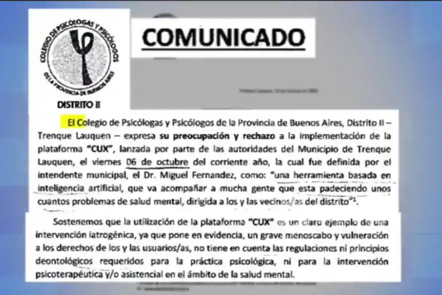 El comunicado del Colegio de Psicólogos de Trenque Lauquen contra Cux.