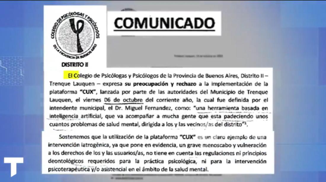 El comunicado del Colegio de Psicólogos de Trenque Lauquen contra Cux.