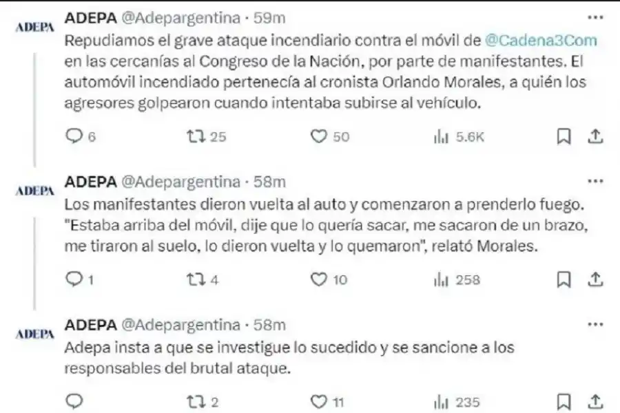 Adepa repudia el ataque incendiario contra un móvil de Cadena 3 en cercanías del Congreso