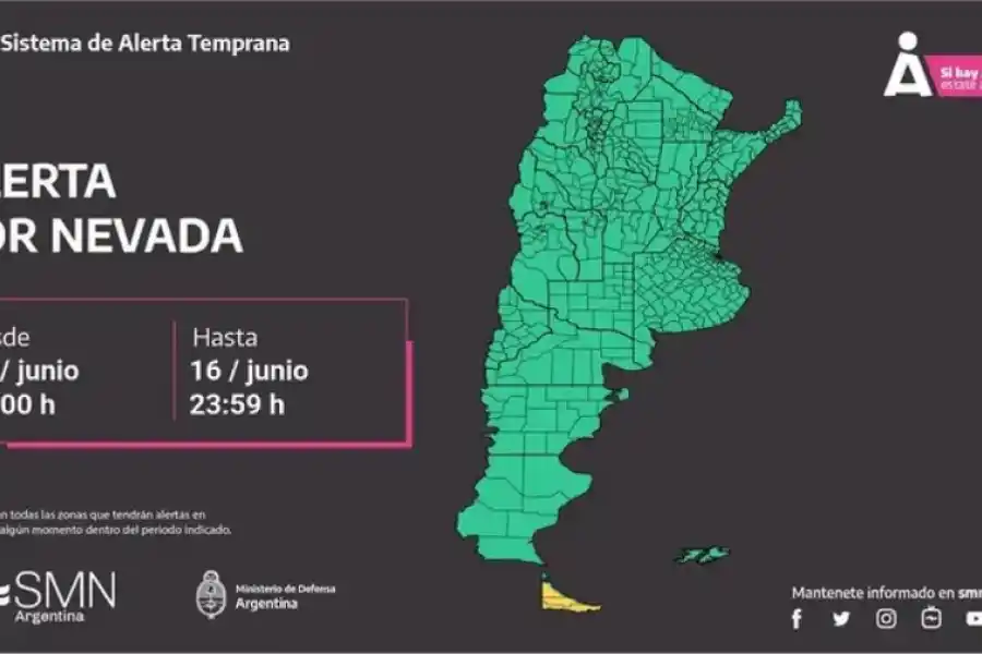 Alerta amarilla por nevadas en Tierra del Fuego.