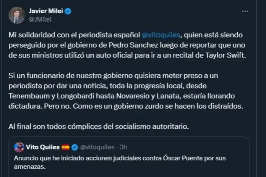 Javier Milei volvió a apuntar contra Pedro Sánchez