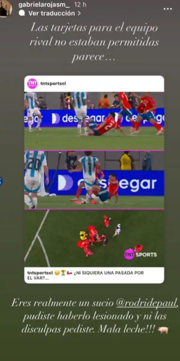 La fuerte acusación de la esposa de un jugador chileno contra Rodrigo De Paul: “Eres realmente un sucio”