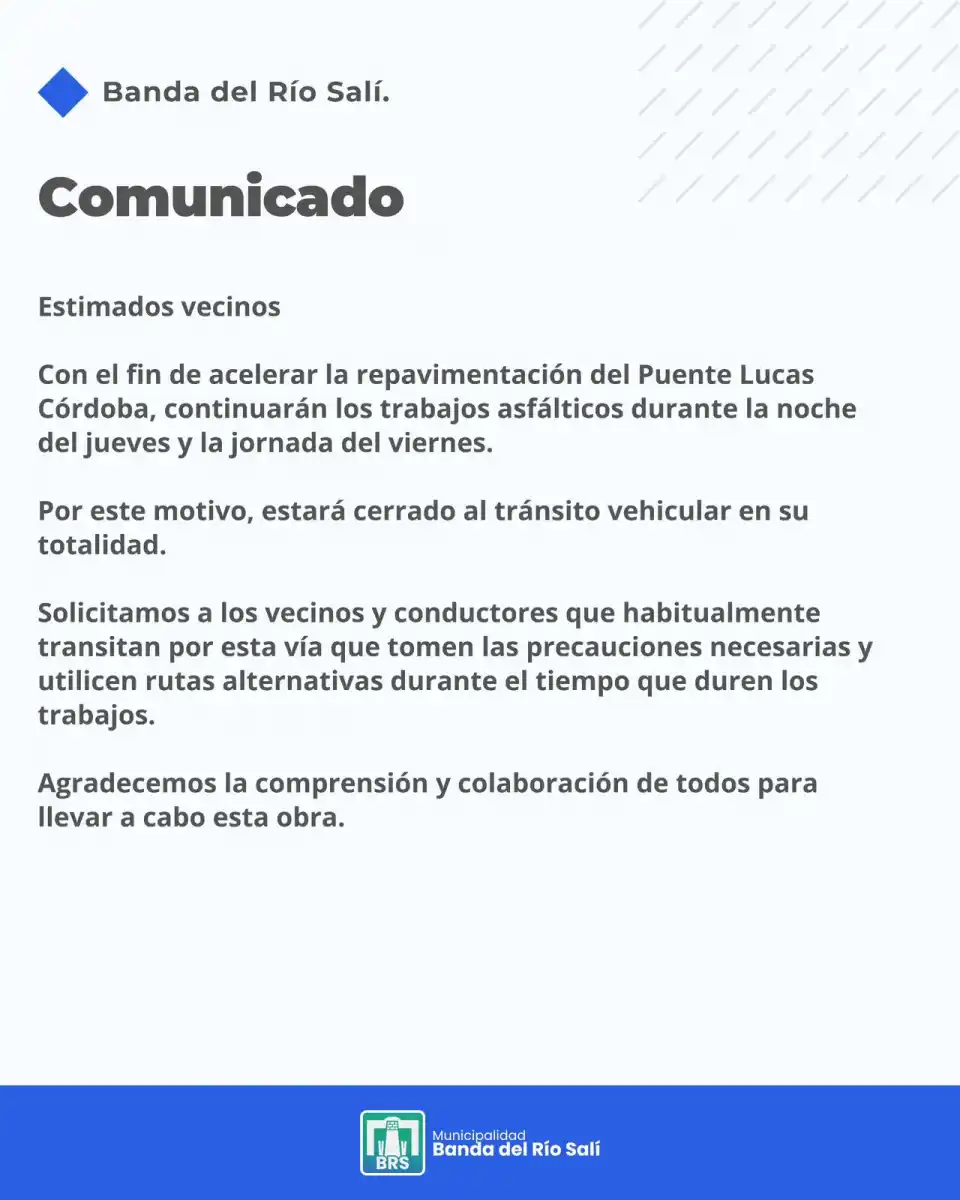 Atención: el puente Lucas Córdoba permanecerá cortado este viernes
