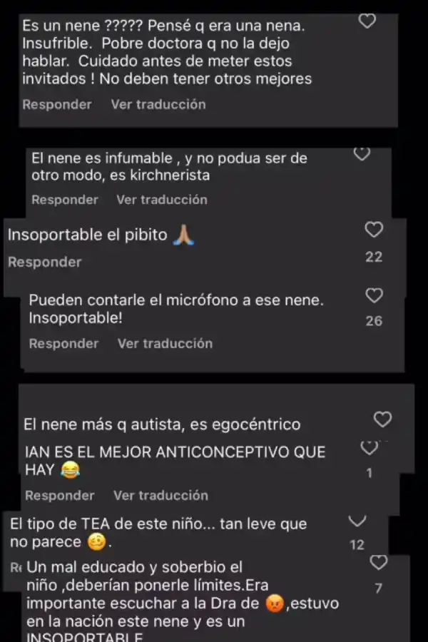 CRÍTICAS. Algunos de los mensajes que los usuarios dejaron en el video de Ian en el programa de Juana Viale/ CAPTURA DE PANTALLA.