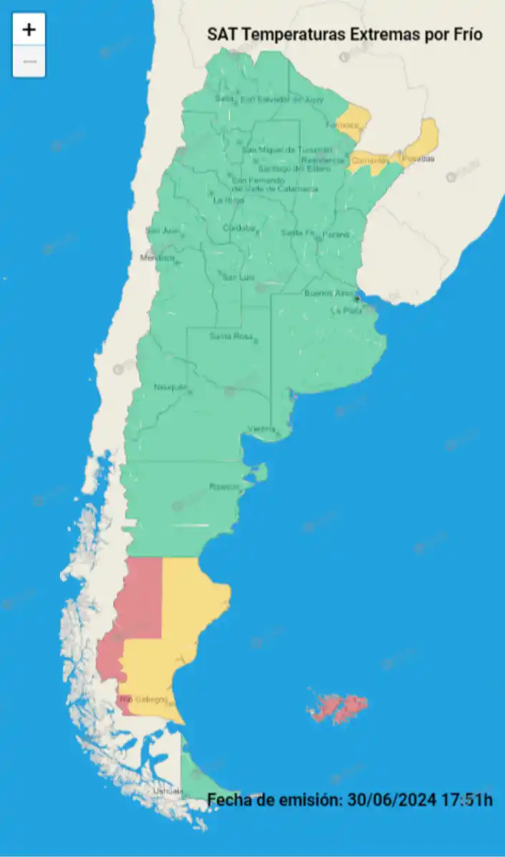 Mapa de alertas del Servicio Meteorológico Nacional