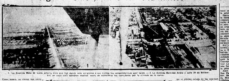 VISTA AÉREA. A la izquierda la avenida Mate de Luna en parte del circuito y la largada en Bernabé Aráoz y 24 de Septiembre (derecha)
