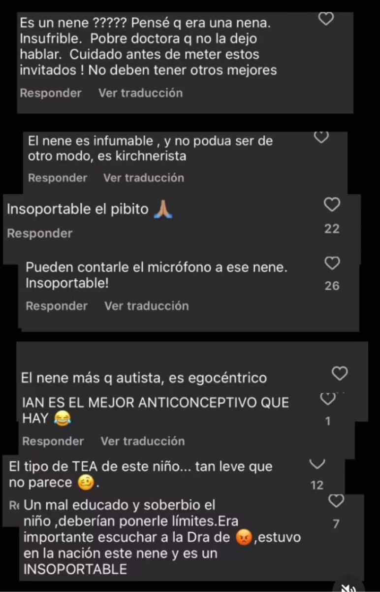 CRÍTICAS. Algunos de los mensajes que los usuarios dejaron en el video de Ian en el programa de Juana Viale/ CAPTURA DE PANTALLA.