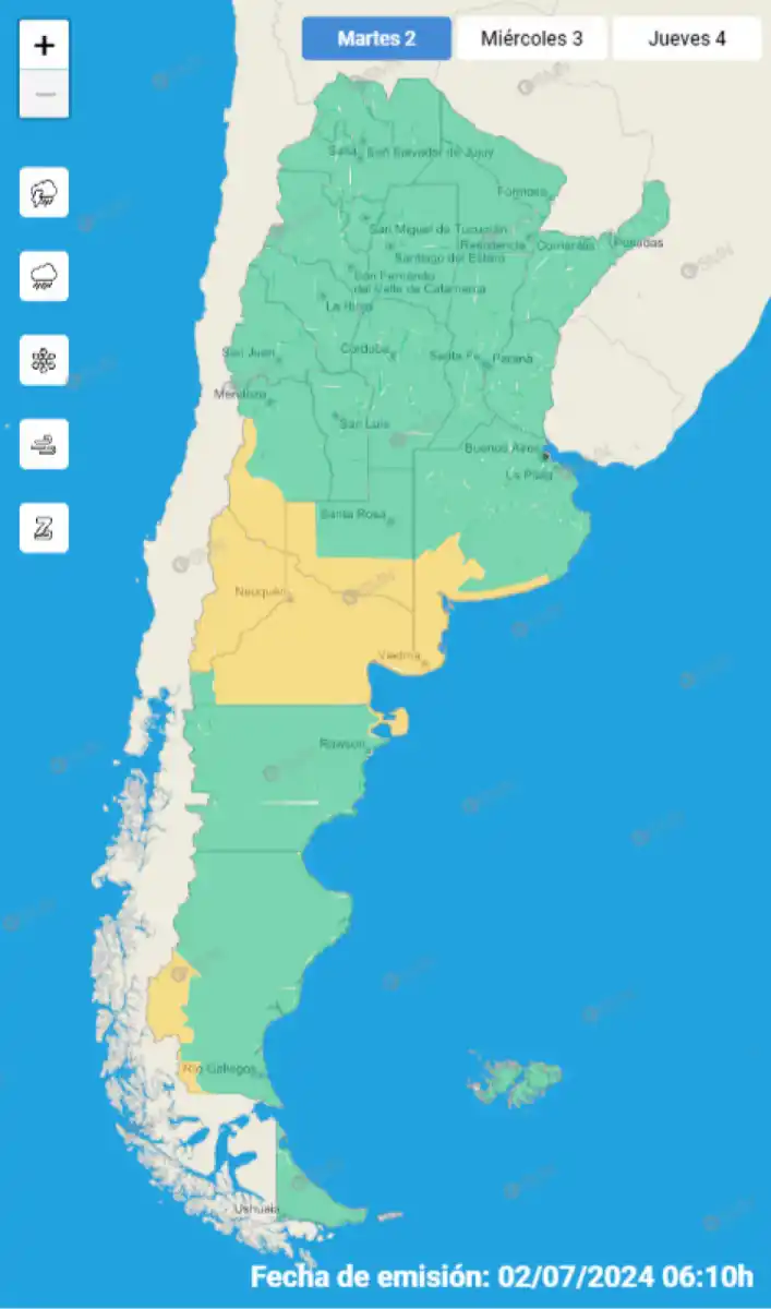 Mapa de alertas del Servicio Meteorológico Nacional