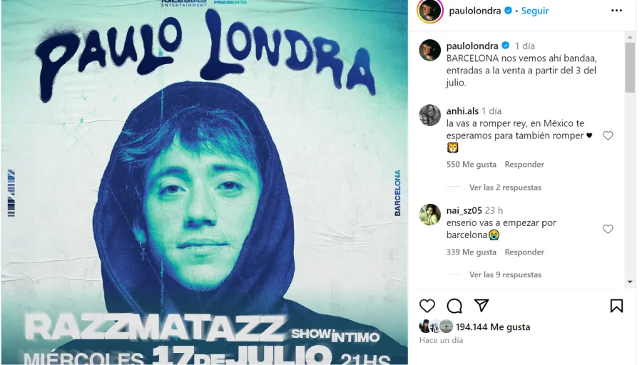 El posteo de Paulo Londra en su cuenta de Instagram.