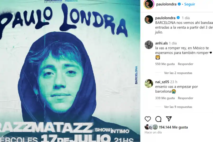El posteo de Paulo Londra en su cuenta de Instagram.