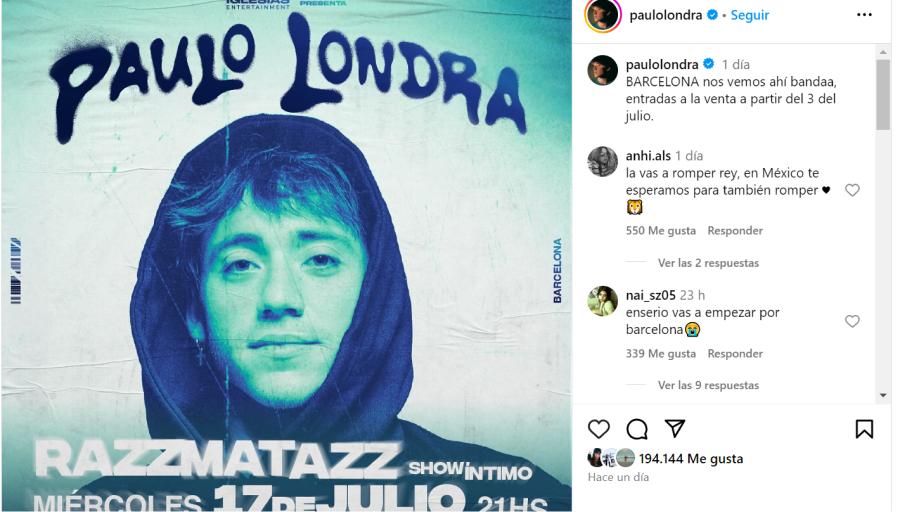 El posteo de Paulo Londra en su cuenta de Instagram.