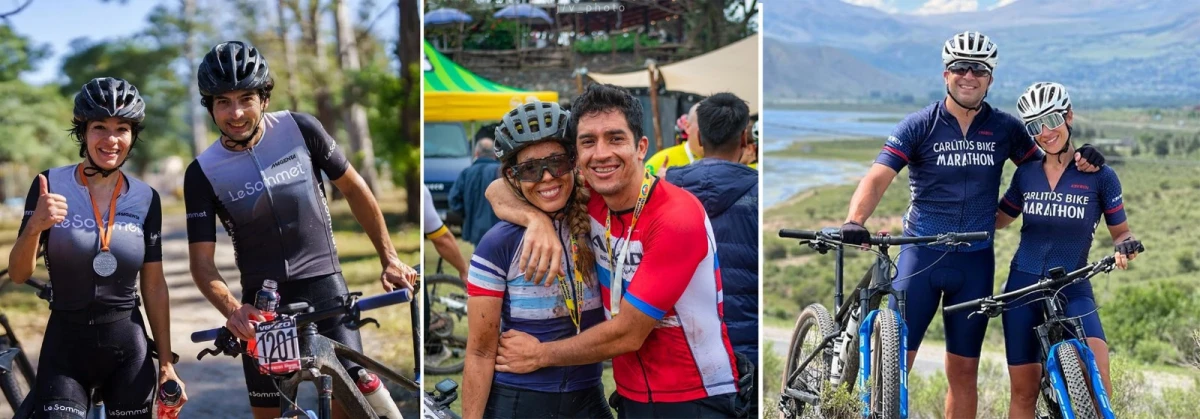 APASIONADOS. Sol Corrado y Carlos Medina, Nerina Mirabal y Brian Huaco, y Luciana Martínez Iotti y Diego Toledo comparten el amor por el mountain bike.