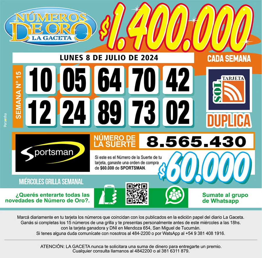 Los Números de Oro de LA GACETA del 8 de julio de 2024