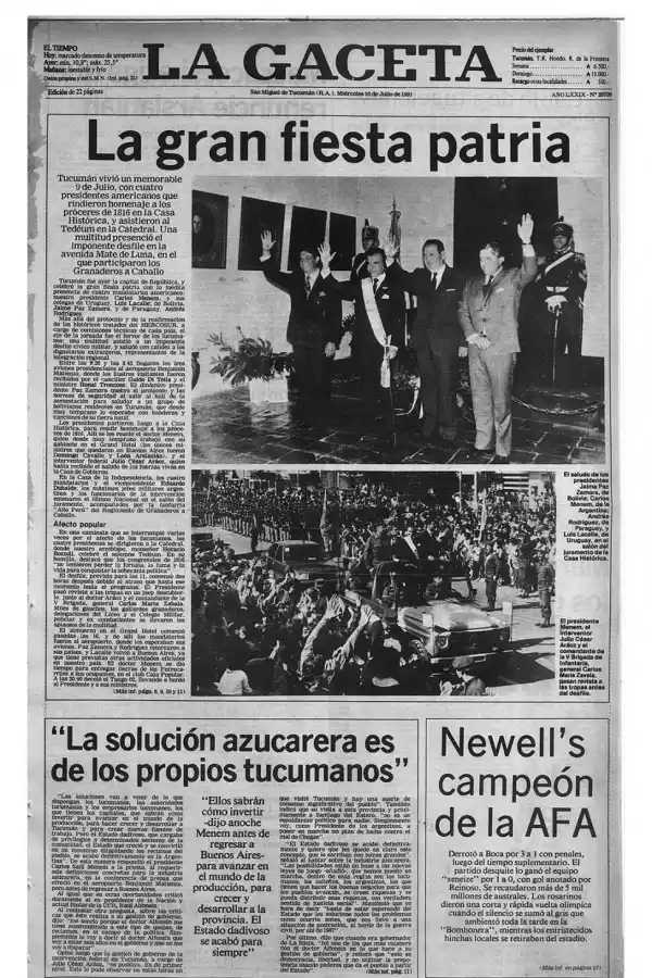 ANFITRIÓN. En la Casa Histórica, Menem saluda junto a sus pares de Paraguay, Bolivia y Uruguay. Corría 1991.