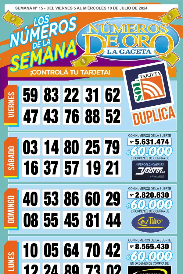 Esta es la grilla completa de los Números de Oro de LA GACETA del 10 de julio de 2024