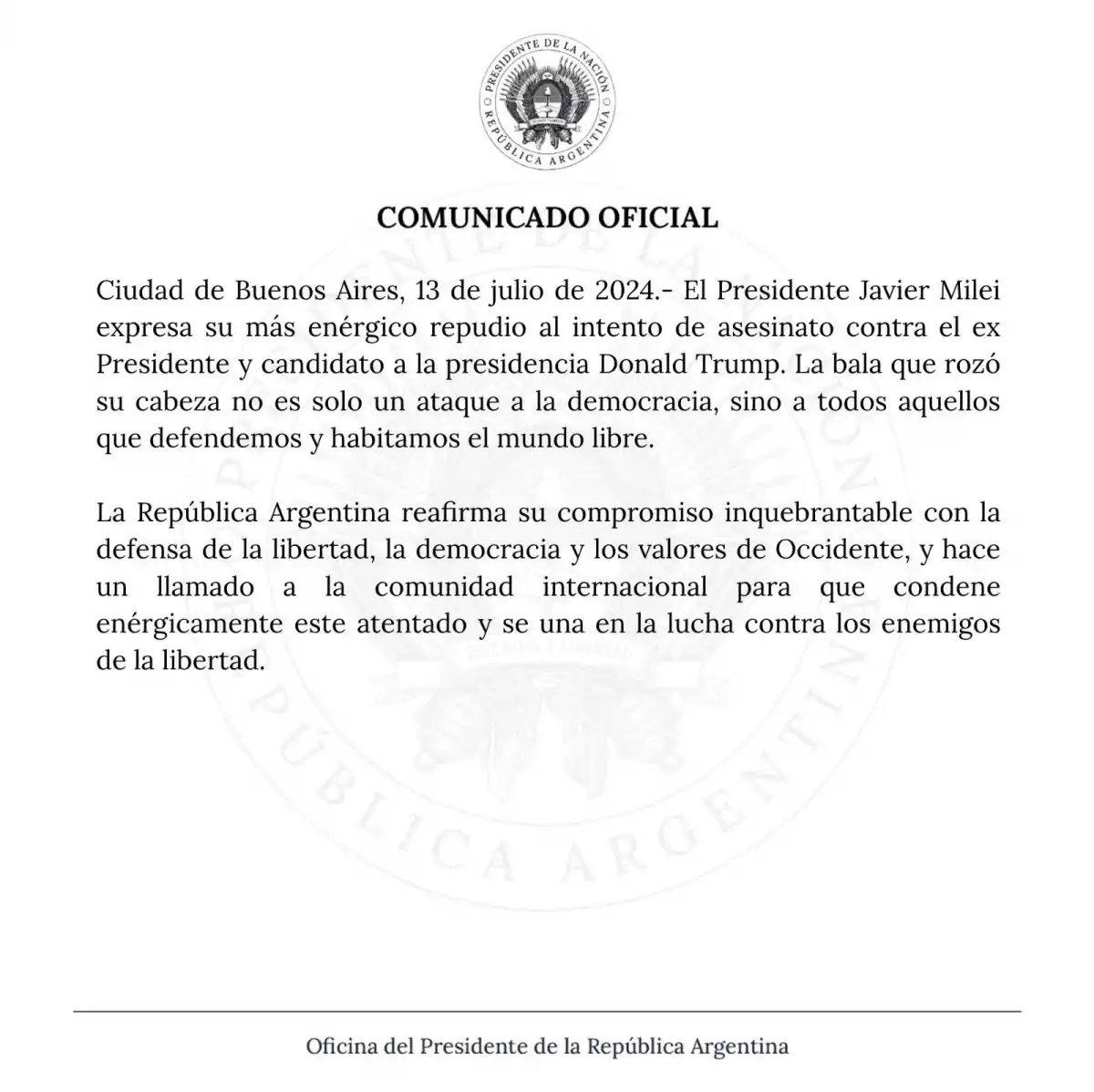 Javier Milei repudió el intento de asesinato contra Donald Trump