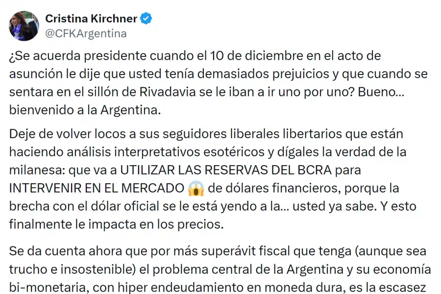 Cristina Kirchner le pidió a Javier Milei que se sincere y deje de volver locos a sus seguidores liberales libertarios