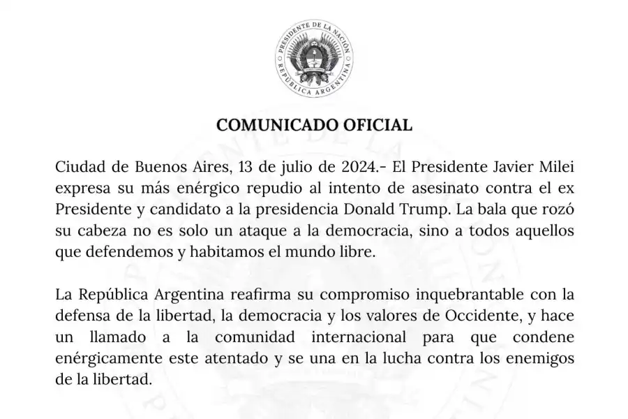 Javier Milei repudió el intento de asesinato contra Donald Trump