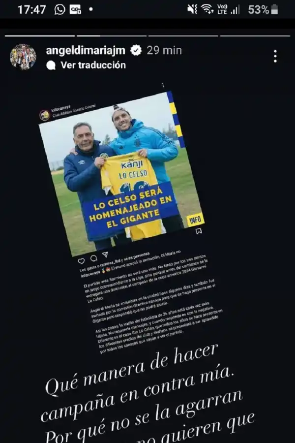 Ángel Di María explotó contra una cuenta partidaria de Rosario Central: Qué manera de hacer campaña en contra mía