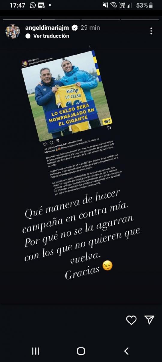 Ángel Di María explotó contra una cuenta partidaria de Rosario Central: Qué manera de hacer campaña en contra mía