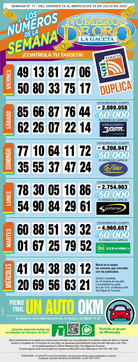Esta es la grilla completa de los Números de Oro de LA GACETA del 24 de julio de 2024